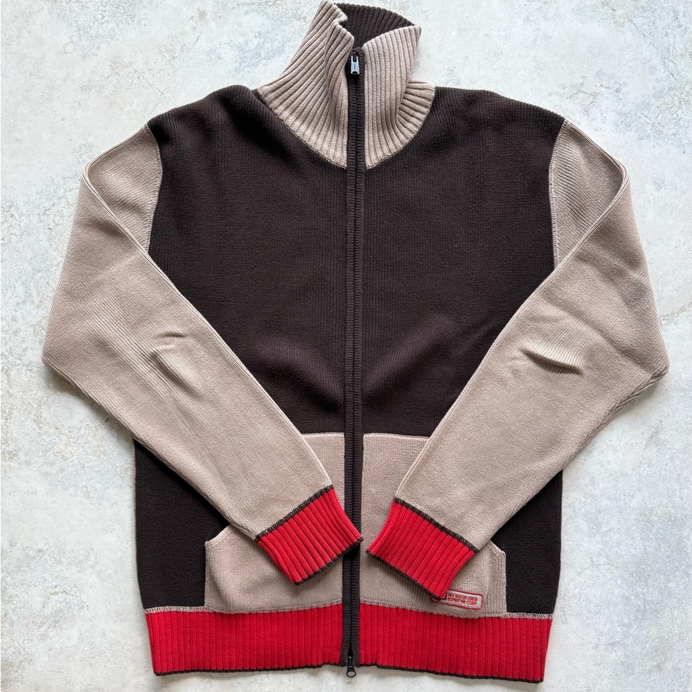 Esprit Brown and Tan Zip Up Sweater with Red Trim